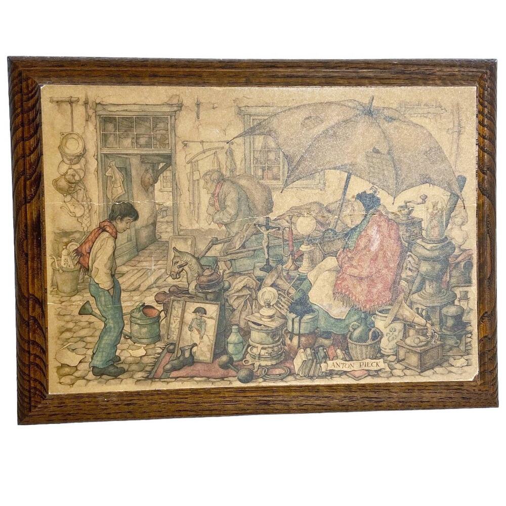Vintage Anton Pieck Street Market Scene On Wood Plaque Art Print
